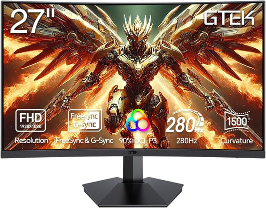 GTek 27 Inch Curved 280Hz 240Hz Gaming Monitor FHD 1080P, 1500R Curve Computer Monitor, 1920 x 1080P, VA 1ms MPRT,FreeSync, DisplayPort/HDMI, for Gaming, Streaming & Home Office (F2740C)