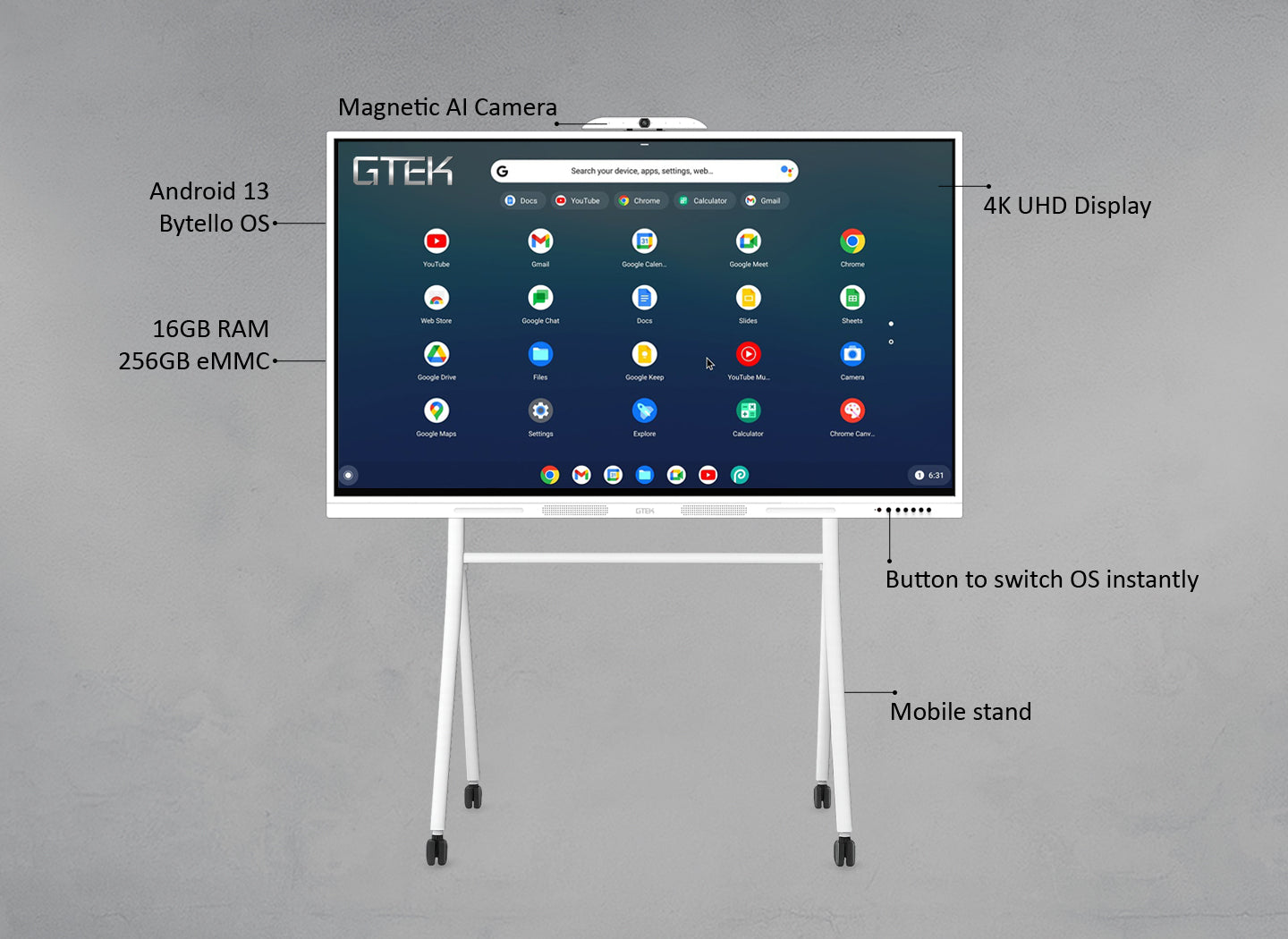 GTEK Smart Board, 4K UHD Touch Screen Electronic Whiteboard with Dual OPS Slot for Classroom & Office