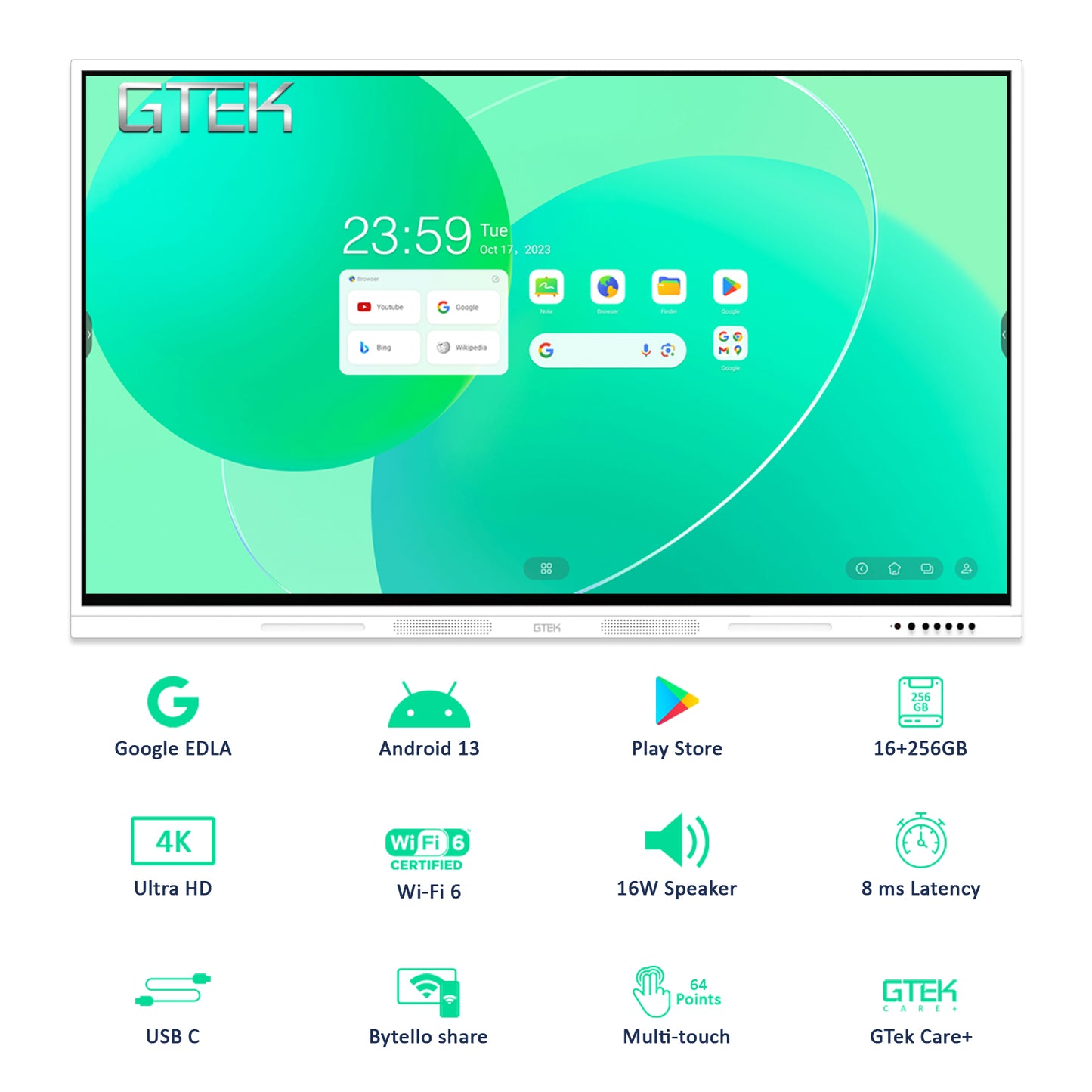 GTEK Smart Board - 4K UHD Touch Screen Electronic Whiteboard with Dual OS Slots for Classroom & Office